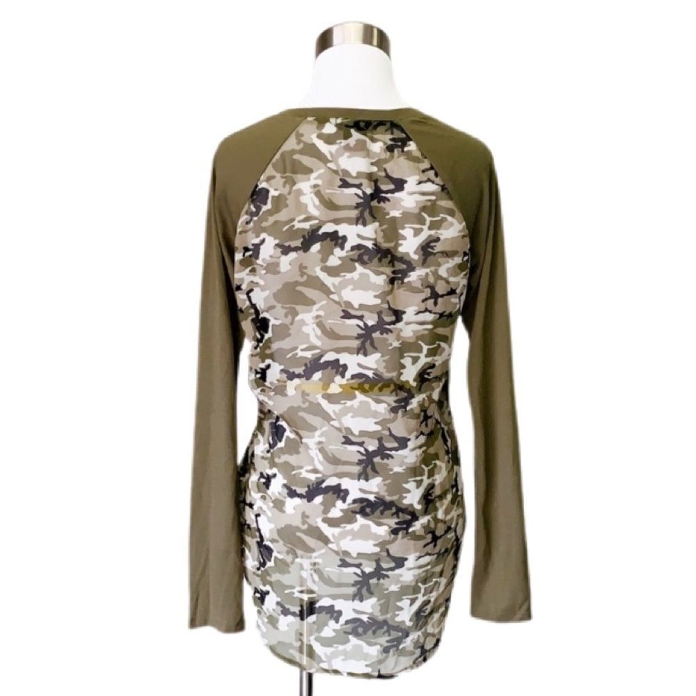 Camo back mixed fabric top